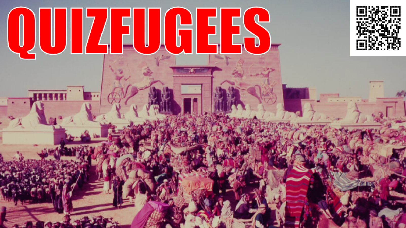 Still from The Ten Commandments showing Moses leading the Exodus - caption: QUIZFUGEES