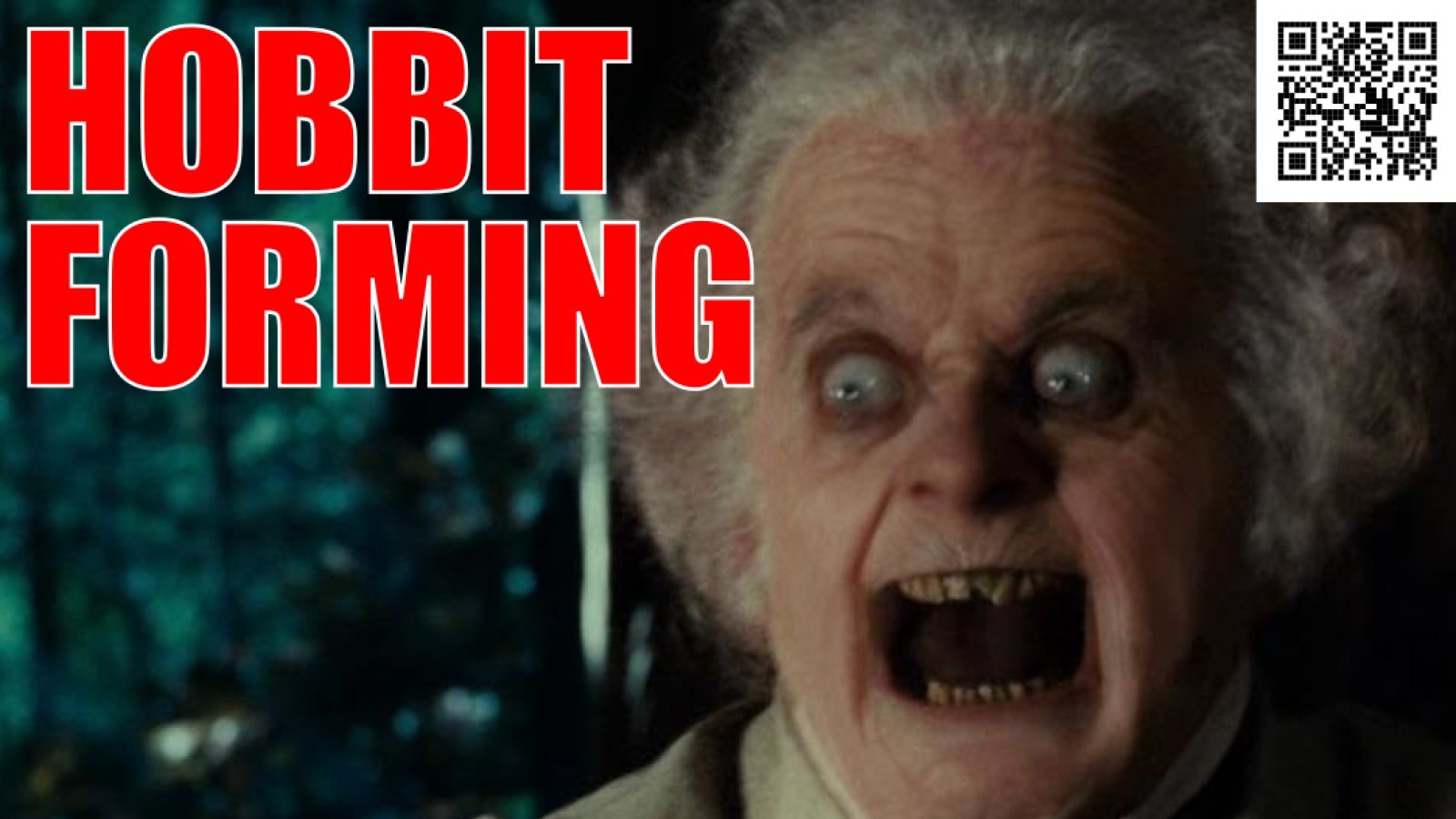 Jump scare scene from Lord of the Rings: Fellowship of the Ring where Bilbo Baggins turns monstrous - caption: HOBIBT FORMING