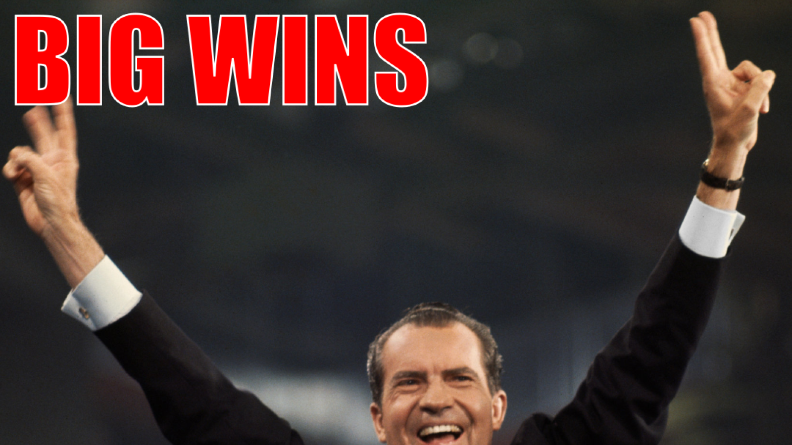 Richard Nixon giving the v for victory sign - caption: QUIZ WINS 
