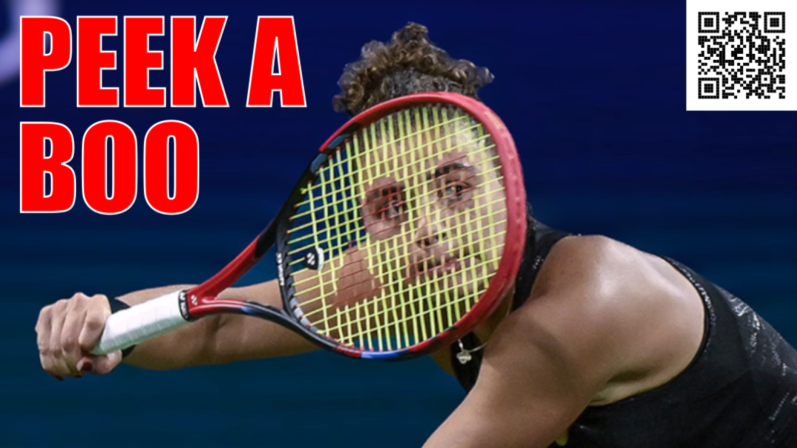 Woman US Open tennis player with her face covered by her racket - caption: PEEK A BOO