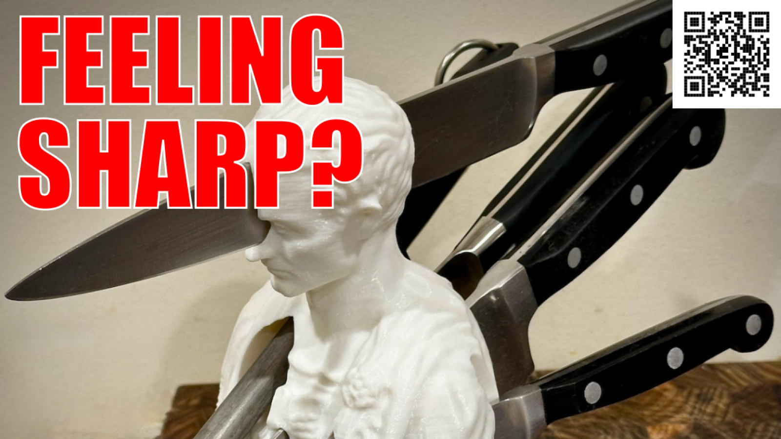 Bust of Julius Caesar being used as a knife holder - caption: FEELING SHARP?