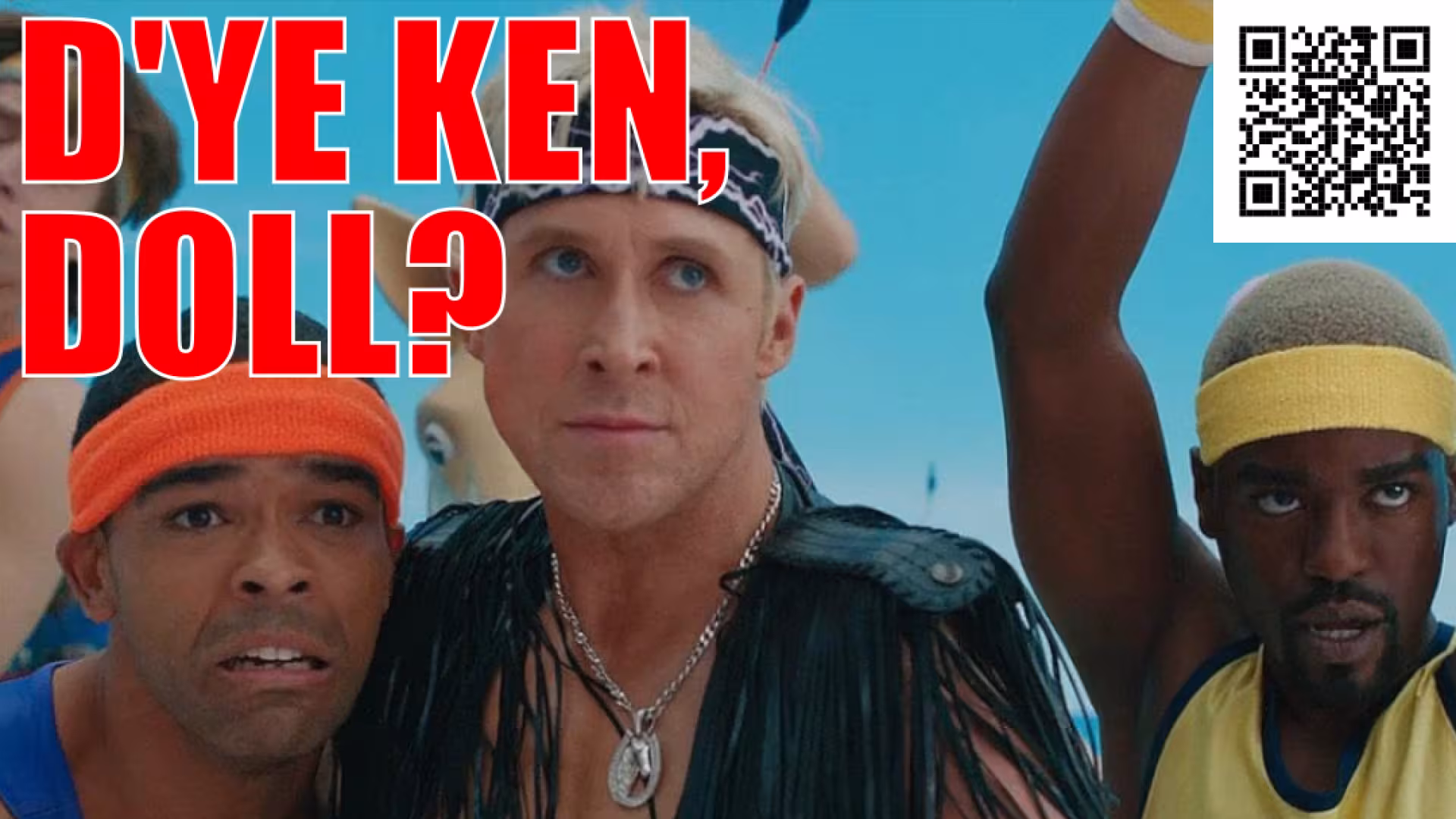 Three Kens from the Barbie movie facing the viewer - caption: D'YE KEN, DOLL?